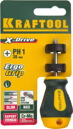 Отвертка KRAFTOOL, Cr-Mo-V сталь, двухкомпонентная противоскользящая рукоятка, PH, №1x38мм 250072-1-038 купить в Перми