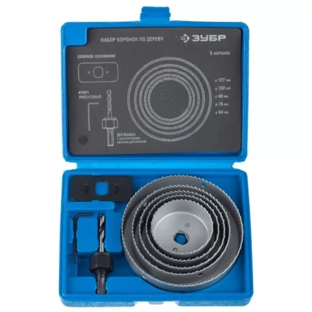 Набор ЗУБР &quot;ЭКСПЕРТ&quot; Коронки по дереву 64-127мм, державка с опорным основанием, ключ имбусовый 2,5мм, 7 предметов 29553-H7_z01 купить в Перми