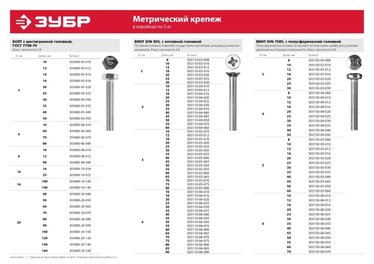 Винт ЗУБР "МАСТЕР" DIN 7985, класс прочности 4.8, оцинкованный, M6x70мм, 5кг 303150-06-070 купить в Перми