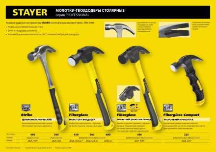 Молоток-гвоздодер &quot;Fiberglass&quot; с фиберглассовой рукояткой, 450 г, STAYER Professional 2026-450_z01 купить в Перми