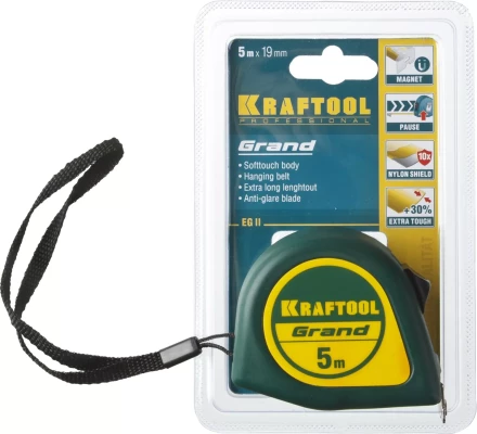 Рулетка KRAFTOOL GRAND, обрезиненный пластиковый корпус, 5м/19мм 34022-05-19 купить в Перми