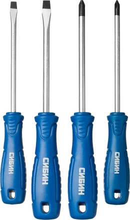 Набор: Отвертки СИБИН 25084 с закаленным стержнем, маслобензостойкая рукоятка, в блистере, 4 предмета 25084 купить в Перми