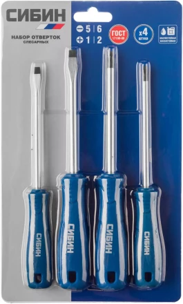 Набор: Отвертки СИБИН 25084 с закаленным стержнем, маслобензостойкая рукоятка, в блистере, 4 предмета 25084 купить в Перми