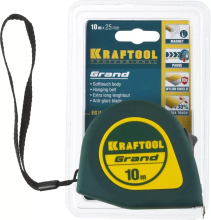 Рулетка KRAFTOOL GRAND, обрезиненный пластиковый корпус, 10м/25мм 34022-10-25 купить в Перми