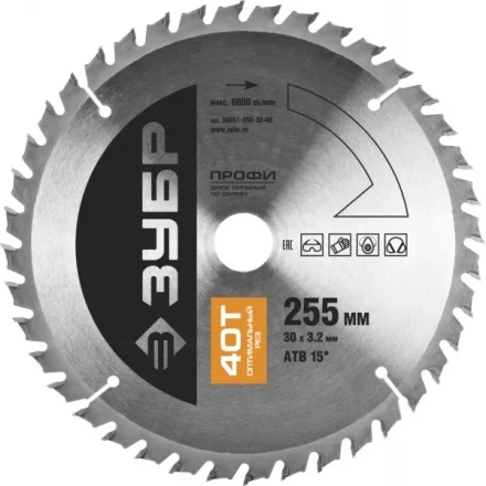 Диск пильный ЗУБР &quot;ПРОФИ&quot; &quot;Оптимальный рез&quot; по дереву, 40Т, 255х30мм 36851-255-30-40 купить в Перми