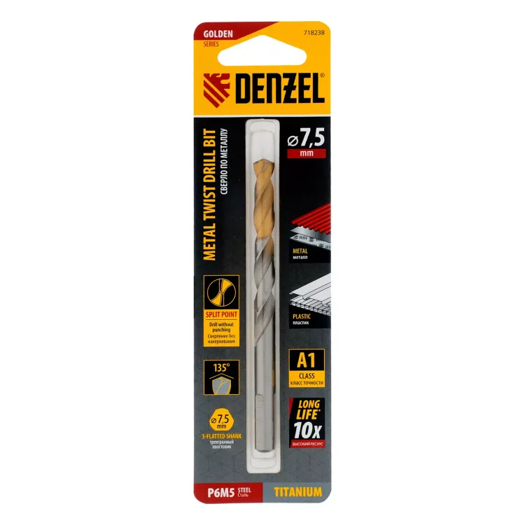 Сверло спиральное по металлу Denzel 7,5 x 109 мм, Р6М5, Golden Tip, 718238 купить в Перми
