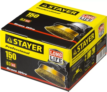 STAYER "PROFESSIONAL". Щетка чашечная для УШМ, витая стальная латунированная проволока 0,3мм, 150ммхМ14 35125-150 купить в Перми