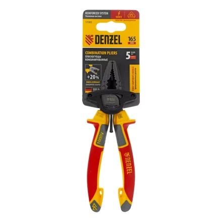 Плоскогубцы комбинированные Denzel 17085, диэлектрические трехкомпонентные рукоятки до 1000 В, 165 мм купить в Перми