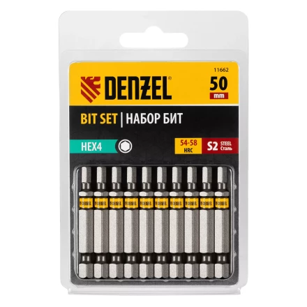 Бита HEX 4х50, сталь S2, шестигранный профиль, 10 шт. Е 6,3 Denzel 11662 купить в Перми