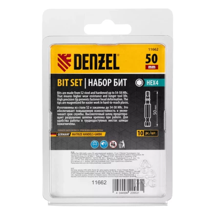 Бита HEX 4х50, сталь S2, шестигранный профиль, 10 шт. Е 6,3 Denzel 11662 купить в Перми