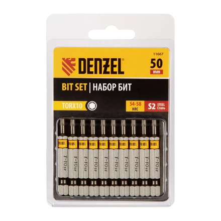 Бита TX 10х50, сталь S2, шестигранный профиль, 10 шт. Е 6,3 Denzel 11667 купить в Перми