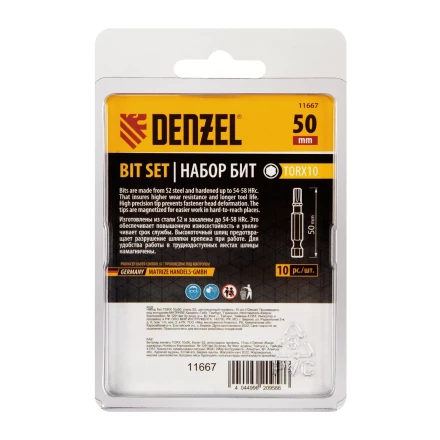 Бита TX 10х50, сталь S2, шестигранный профиль, 10 шт. Е 6,3 Denzel 11667 купить в Перми