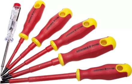 Набор STAYER "PROFI" "ELECTRO": Отвертки диэлектрические, тестер, 100-250В, Cr-V, 6шт 25145-H6_z01 купить в Перми