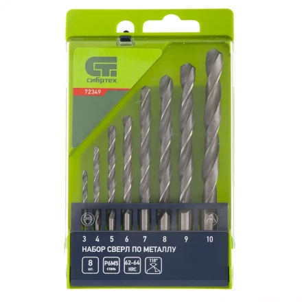 Набор сверл по металлу 3-10 мм 8 штук Р6М5 пластиковый кейс СИБРТЕХ артикул 72349 купить в Перми