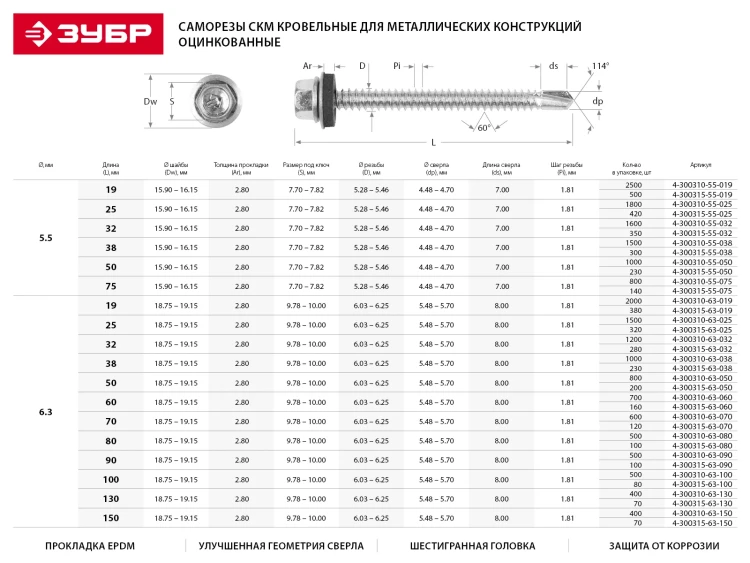 Саморезы ЗУБР окраш., RAL 6005 зелен. насыщен., для крепл. кров. матер. к дерев. обреш., 4.8x65мм, 180шт 4-300315-48-065-6005 купить в Перми