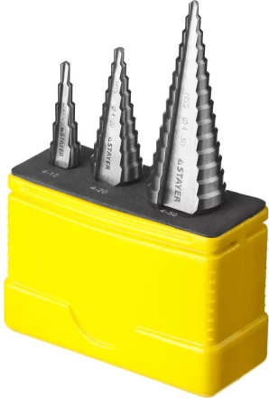 Набор STAYER &quot;MASTER&quot;: Ступенчатые сверла по сталям и цвет.мет., сталь HSS, d=4-12мм,5 ступ. d 4-20 мм 9 ступ., d 4-30мм 14ступ. 29660-4-30-H3 купить в Перми