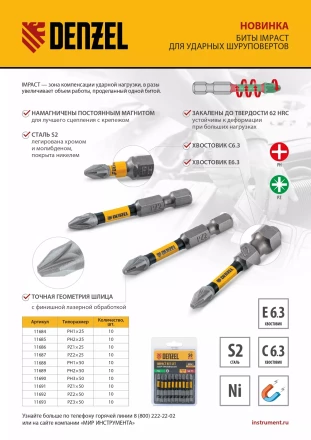 Бита IMPACT, PH2x50 мм, лазерная обработка шлица, сталь S2, 10 шт., Е 6,3 Denzel 11689 купить в Перми