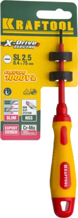 Отвертка KRAFTOOL, высоковольтная, Cr-Mo-V стержень, двухкомпонент. маслобензостойкая рукоятка, SL, 2,5х75мм 250083-2.5-075 купить в Перми