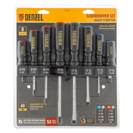 Набор отверток на полке Denzel, 8 шт., PH+SL, S2, 3к рукоятка, 122137 купить в Перми