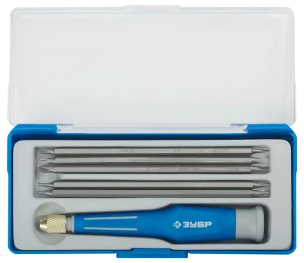 Набор ЗУБР Отвертка &quot;ЭКСПЕРТ&quot; для точных работ, двухкомп рукоятка, CR-V, сменные двустор стержни 120мм, 5шт, 6предм 25627-H6 купить в Перми