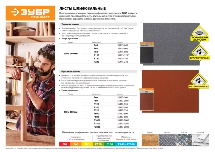 Лист шлифовальный ЗУБР &quot;СТАНДАРТ&quot; на бумажной основе, водостойкий 230х280мм, Р180, 5шт 35417-180 купить в Перми