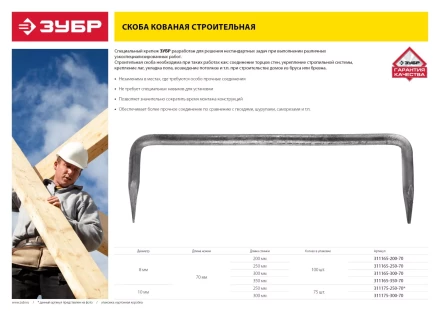 Скоба строительная кованая ЗУБР &quot;МАСТЕР&quot;, 10х250х70 мм, 75 шт 311175-250-70 купить в Перми