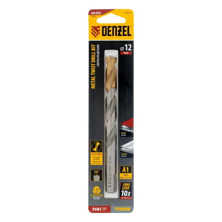 Сверло спиральное по металлу Denzel,  12 x 151 мм, Р6М5, Golden Tip 718244 купить в Перми
