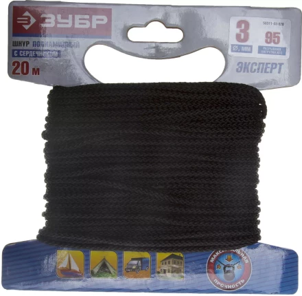 Шнур ЗУБР полиамидный, плетеный, повышенной нагрузки, с сердечником, черный, d 3, 20м 50311-03-020 купить в Перми