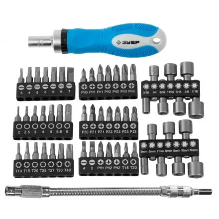 Набор ЗУБР Отвертка &quot;ЭКСПЕРТ&quot; реверс., 2-хкомп. ручка,биты 30мм, торц.головки,гибкий удл. с магнит. фикс. 215мм, 58пред 25280-H58 купить в Перми