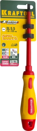 Отвертка KRAFTOOL, высоковольтная, Cr-Mo-V стержень, двухкомпонент. маслобензостойкая рукоятка, SL, 5,5х125мм 250083-5.5-125 купить в Перми