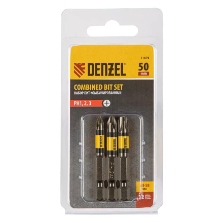 Набор бит комбинированный 3 шт., РН1, РН2, РН3, 50 мм, сталь S2 Denzel 11676 купить в Перми