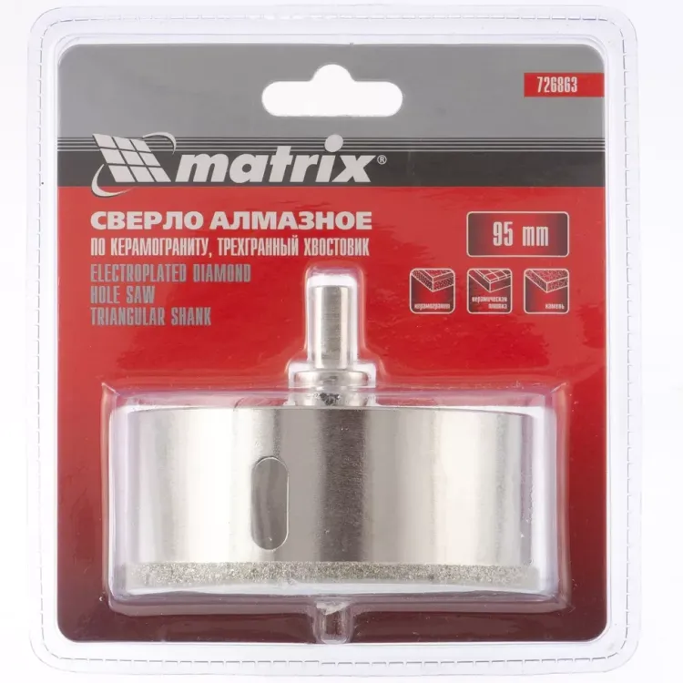 Сверло алмазное по керамограниту 95 х 67 мм 3-гранный хвостовик MATRIX артикул 726863 купить в Перми