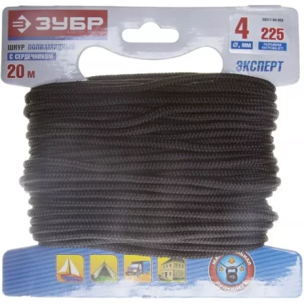 Шнур ЗУБР полиамидный, плетеный, повышенной нагрузки, с сердечником, черный, d 4, 20м 50311-04-020 купить в Перми
