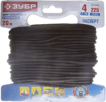 Шнур ЗУБР полиамидный, плетеный, повышенной нагрузки, с сердечником, черный, d 4, 20м 50311-04-020 купить в Перми