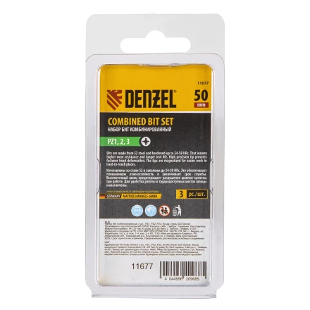 Набор бит комбинированный 3 шт., PZ1, PZ2, PZ3, 50 мм, сталь S2 Denzel 11677 купить в Перми