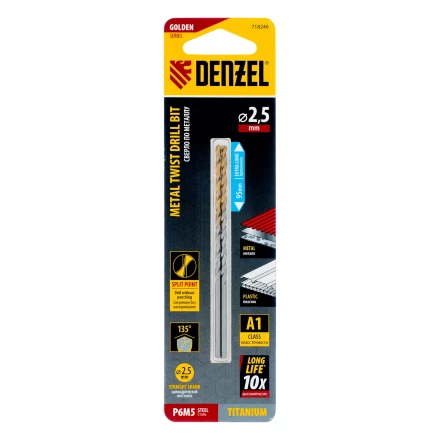 Сверло спиральное по металлу 2,5 х 95 мм Р6М5, Golden Tip, удлиненное, 2шт. Denzel 718246 купить в Перми
