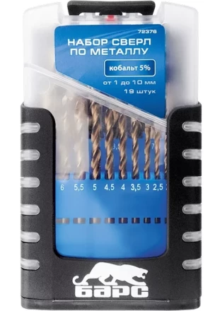 Набор сверл по металлу 1-10 мм через 0,5 мм 19 шт Р6М5 вышлифованный цилиндрический хвостовик БАРС 72374 купить в Перми