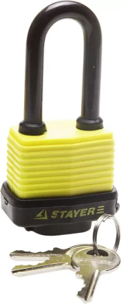 Замок STAYER &quot;MASTER&quot; навесной, всепогодный, пластиковая защита корпуса, с удлин. закален. дужкой,на карточке, 50мм 37141-40 купить в Перми