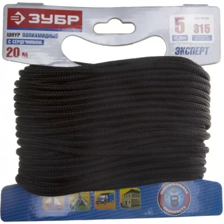 Шнур ЗУБР полиамидный, плетеный, повышенной нагрузки, с сердечником, черный, d 5, 20м 50311-05-020 купить в Перми