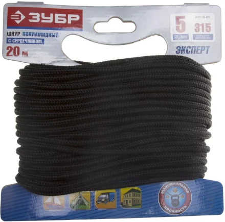 Шнур ЗУБР полиамидный, плетеный, повышенной нагрузки, с сердечником, черный, d 5, 20м 50311-05-020 купить в Перми