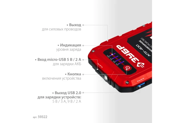 ЗУБР АПУ-400, 12 В, макс. 400 А, аккумуляторное пусковое устройство (59322) купить в Перми