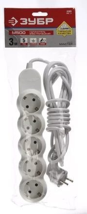 Удлинитель ЗУБР &quot;МАСТЕР&quot; электрический, ПВС сечение 1кв мм, заземл, 5 гнезд, макс мощн 3500Вт, 3м 55058-3 купить в Перми