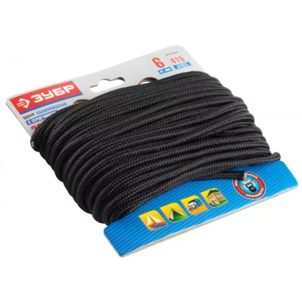 Шнур ЗУБР полиамидный, плетеный, повышенной нагрузки, с сердечником, черный, d 6, 20м 50311-06-020 купить в Перми