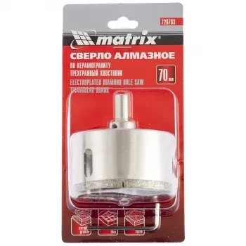Сверло алмазное по керамограниту 70 х 67 мм 3-гранный хвостовик MATRIX 726703 купить в Перми