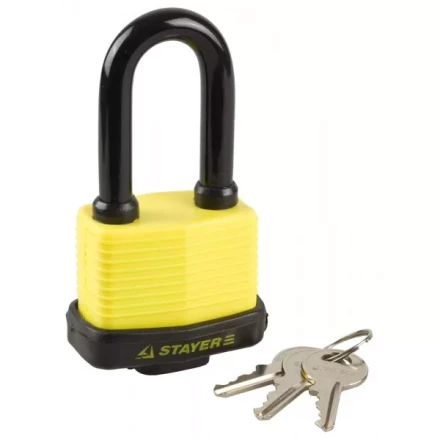Замок STAYER &quot;MASTER&quot; навесной, всепогодный, пластиковая защита корпуса, с удлин. закален. дужкой,на карточке, 60мм 37141-50 купить в Перми