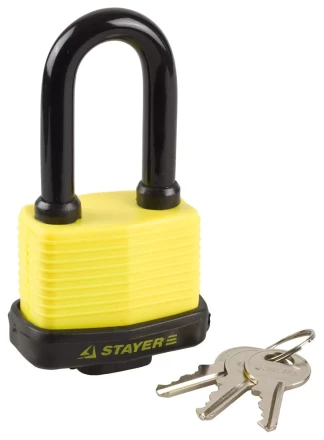 Замок STAYER &quot;MASTER&quot; навесной, всепогодный, пластиковая защита корпуса, с удлин. закален. дужкой,на карточке, 60мм 37141-50 купить в Перми