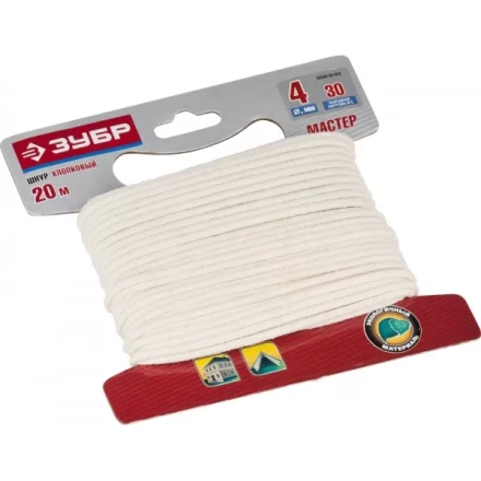 Шнур ЗУБР хлопковый плетеный, натуральный, без сердечника, d=4, 20 м, 30 кгс, 5,5 ктекс 50350-04-020 купить в Перми