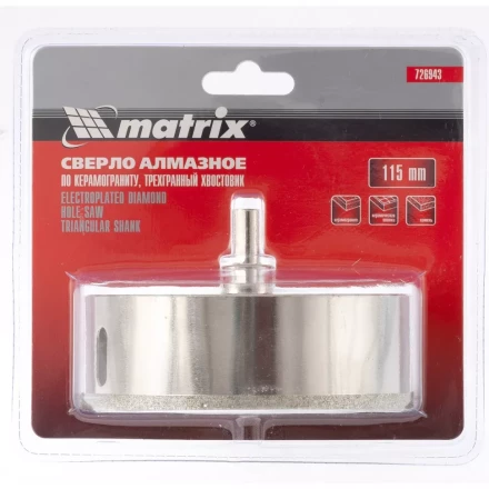 Сверло алмазное по керамограниту 115 х 67 мм 3-гранный хвостовик MATRIX артикул 726943 купить в Перми
