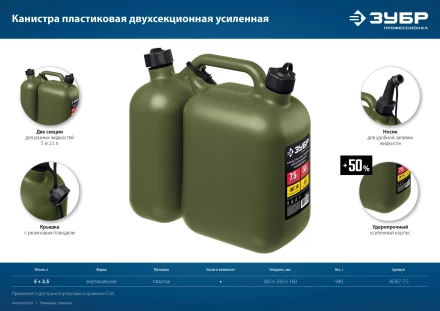 ЗУБР 5 + 2.5 л, пластиковая усиленная двухсекционная канистра, Профессионал (38367-7.5) купить в Перми