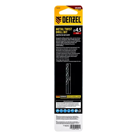 Сверло спиральное по металлу Denzel  4,5 х 126 мм, Р6М5, Golden Tip, удлиненное, 718252 купить в Перми